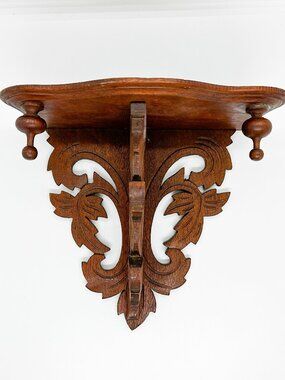 Vintage 70's MCM Wood Carved Wall Shelf Trinket Leaves Retro Cottagecore Nature